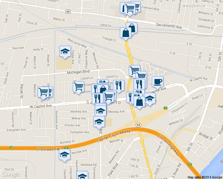 map of restaurants, bars, coffee shops, grocery stores, and more near 1521 Madrone Avenue in West Sacramento