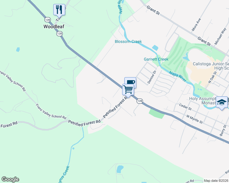 map of restaurants, bars, coffee shops, grocery stores, and more near 919 Highland Court in Calistoga