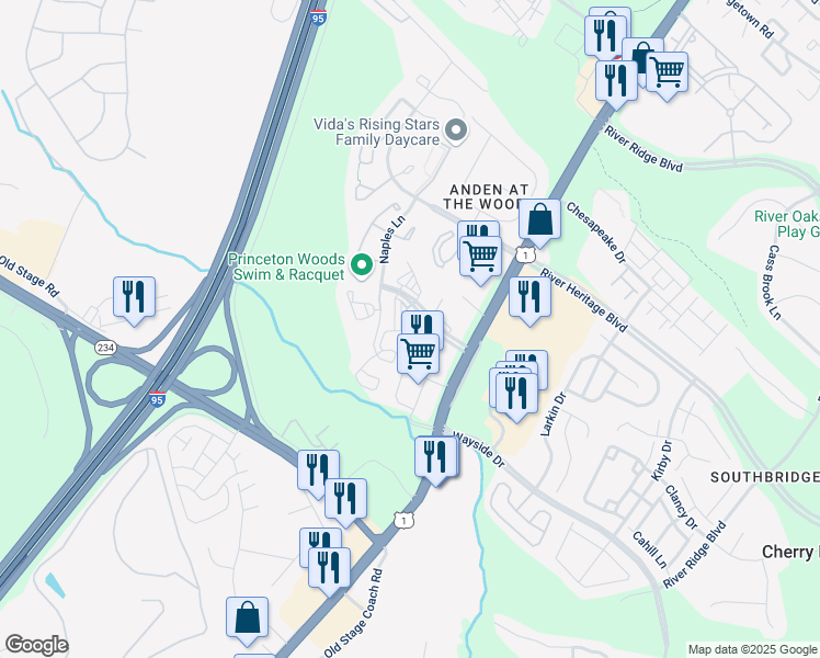 map of restaurants, bars, coffee shops, grocery stores, and more near 3361 Yost Lane in Dumfries