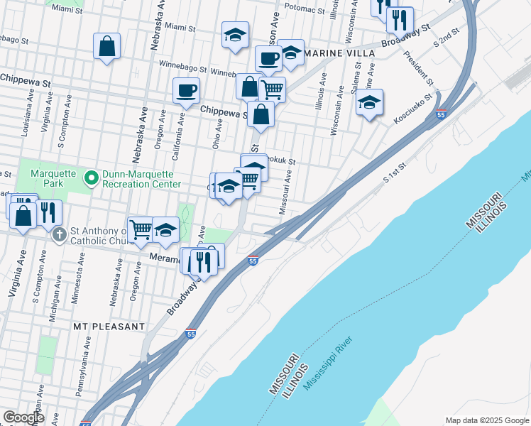 map of restaurants, bars, coffee shops, grocery stores, and more near 2225 Montana Street in St. Louis