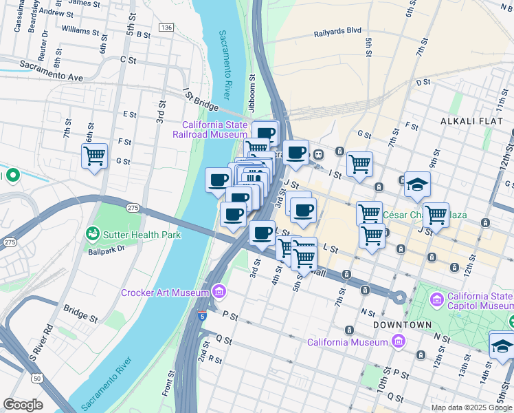 map of restaurants, bars, coffee shops, grocery stores, and more near 1111 2nd Street in Sacramento