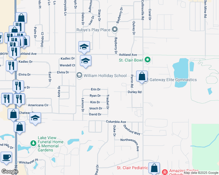 map of restaurants, bars, coffee shops, grocery stores, and more near 446 Traubel Drive in Fairview Heights