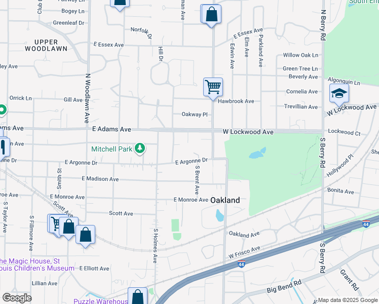 map of restaurants, bars, coffee shops, grocery stores, and more near 133 N Brent Ave in St Louis