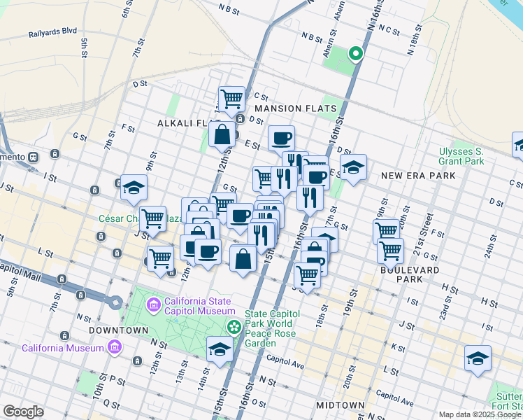 map of restaurants, bars, coffee shops, grocery stores, and more near 725 14th Street in Sacramento