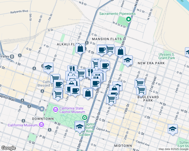 map of restaurants, bars, coffee shops, grocery stores, and more near 725 14th Street in Sacramento