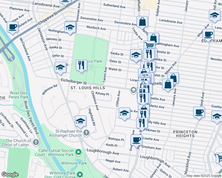 map of restaurants, bars, coffee shops, grocery stores, and more near 6230 Eichelberger Street in St. Louis