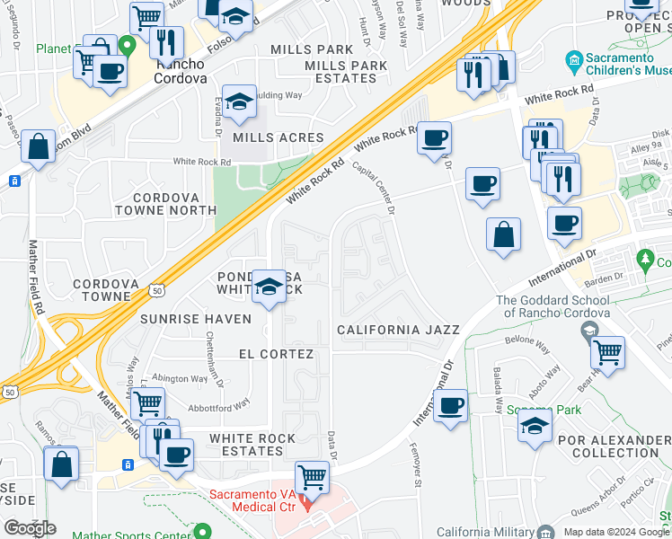 map of restaurants, bars, coffee shops, grocery stores, and more near 33 Data Drive in Rancho Cordova