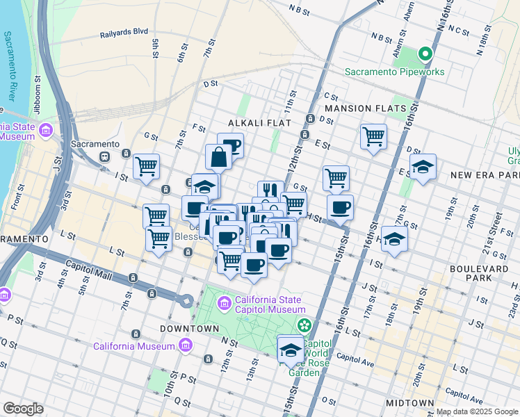 map of restaurants, bars, coffee shops, grocery stores, and more near 815 11th Street in Sacramento