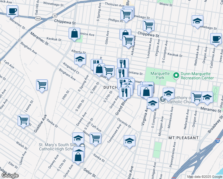 map of restaurants, bars, coffee shops, grocery stores, and more near 3702 Meramec Street in St. Louis