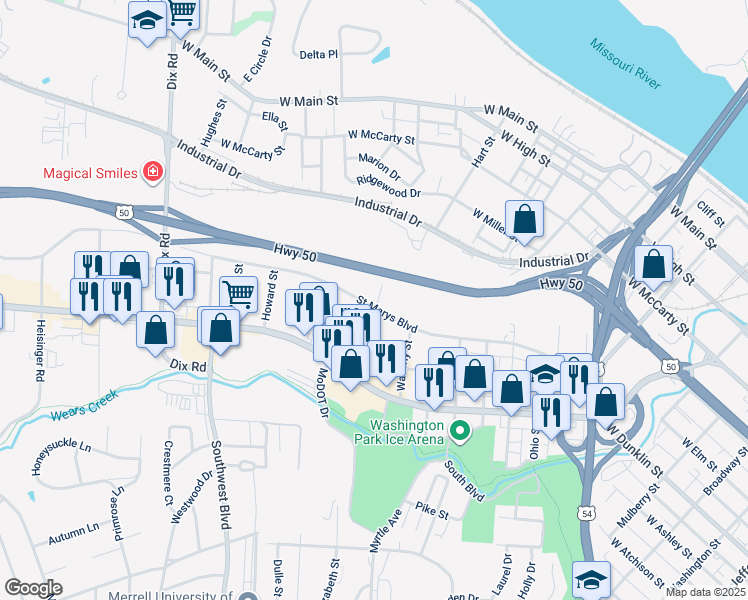 map of restaurants, bars, coffee shops, grocery stores, and more near 1418 St Marys Blvd in Jefferson City