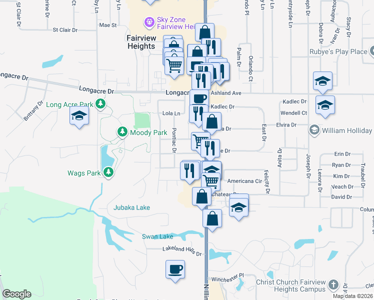 map of restaurants, bars, coffee shops, grocery stores, and more near 107 Kassing Avenue in Fairview Heights