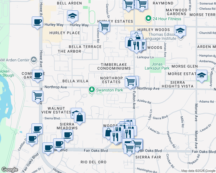 map of restaurants, bars, coffee shops, grocery stores, and more near 2410 Northrop Avenue in Sacramento