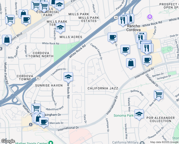 map of restaurants, bars, coffee shops, grocery stores, and more near 33 Data Drive in Rancho Cordova