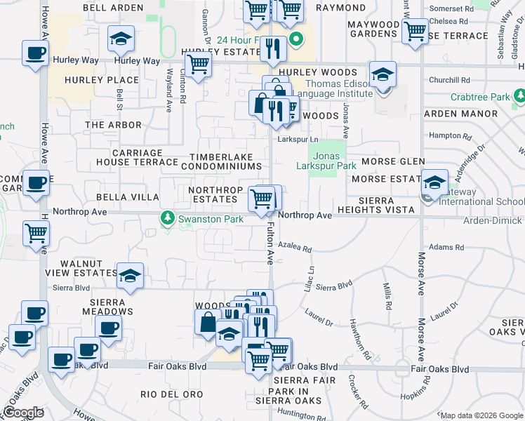 map of restaurants, bars, coffee shops, grocery stores, and more near in Arden-Arcade