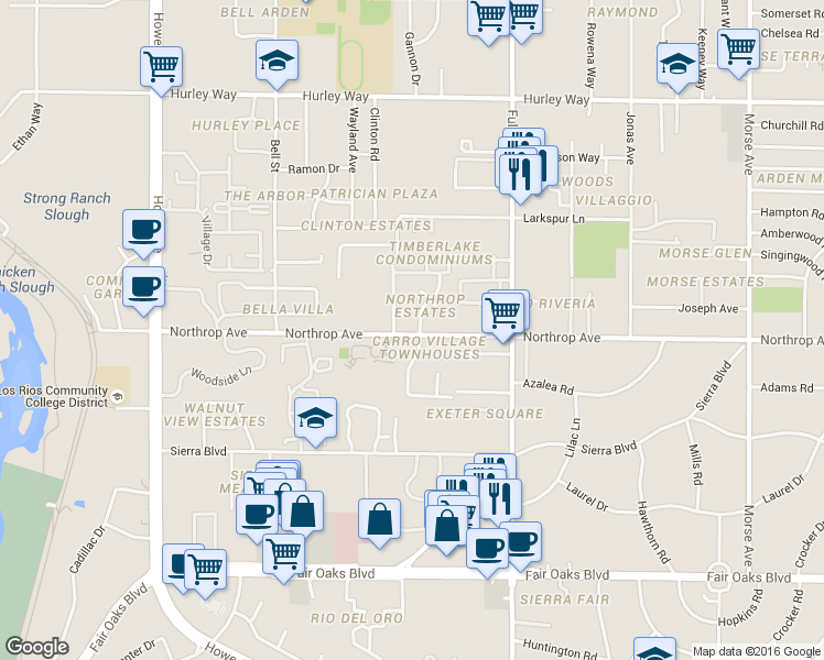 map of restaurants, bars, coffee shops, grocery stores, and more near 2410 Northrop Avenue in Sacramento