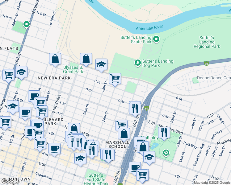 map of restaurants, bars, coffee shops, grocery stores, and more near 317 26th Street in Sacramento