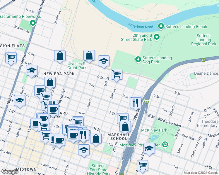 map of restaurants, bars, coffee shops, grocery stores, and more near 2509 D Street in Sacramento