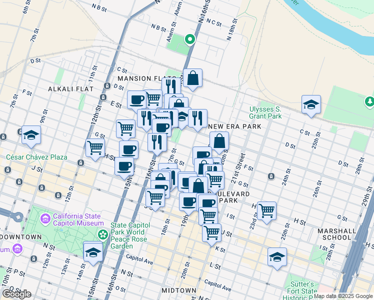 map of restaurants, bars, coffee shops, grocery stores, and more near 603 18th Street in Sacramento