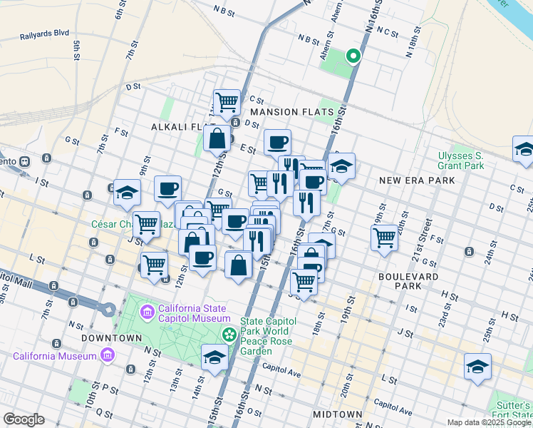 map of restaurants, bars, coffee shops, grocery stores, and more near 711 14th Street in Sacramento