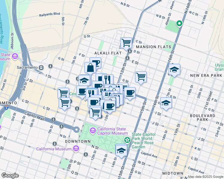 map of restaurants, bars, coffee shops, grocery stores, and more near 815 11th Street in Sacramento