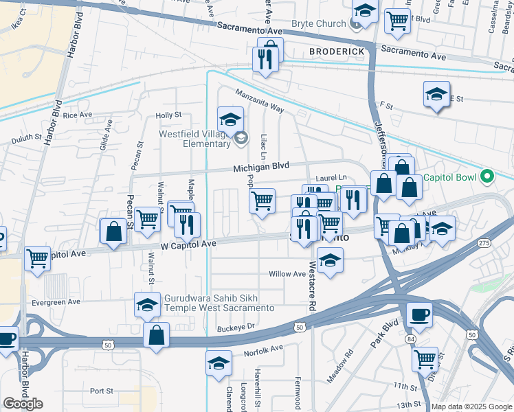 map of restaurants, bars, coffee shops, grocery stores, and more near 618 Poplar Avenue in West Sacramento