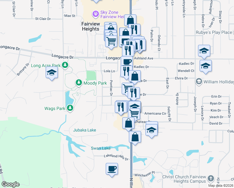 map of restaurants, bars, coffee shops, grocery stores, and more near 107 Kassing Avenue in Fairview Heights