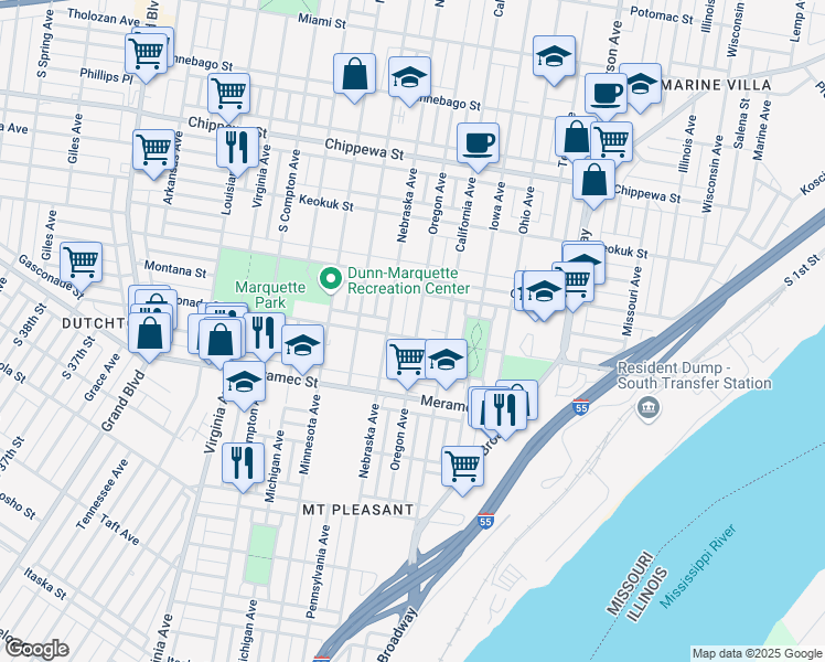 map of restaurants, bars, coffee shops, grocery stores, and more near 4101 Oregon Avenue in St. Louis