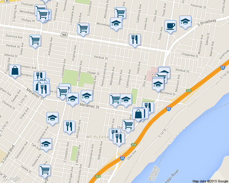 map of restaurants, bars, coffee shops, grocery stores, and more near 2833 Gasconade Street in St. Louis