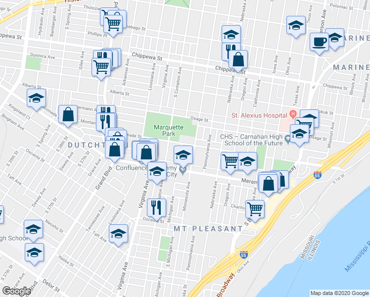 map of restaurants, bars, coffee shops, grocery stores, and more near 4117 Michigan Avenue in St. Louis