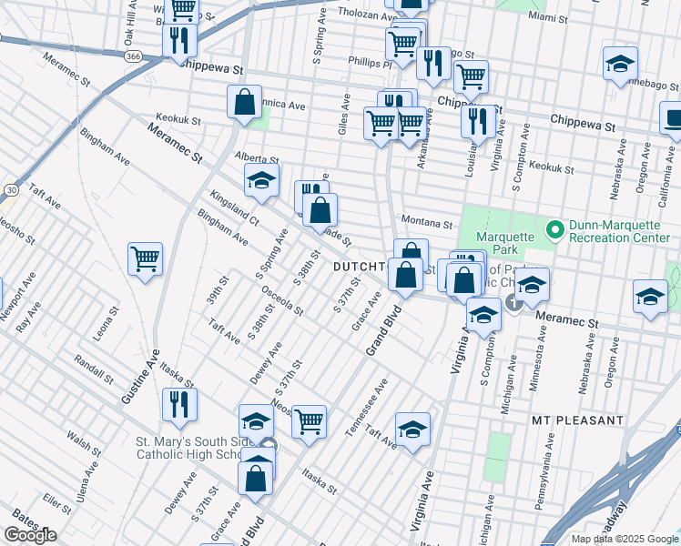 map of restaurants, bars, coffee shops, grocery stores, and more near 4226 Dewey Avenue in St. Louis