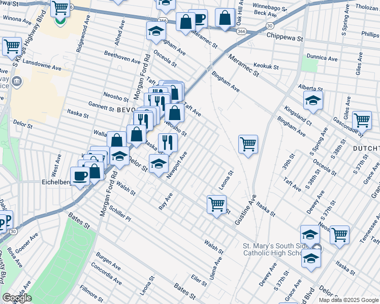 map of restaurants, bars, coffee shops, grocery stores, and more near 4627 Ray Avenue in St. Louis