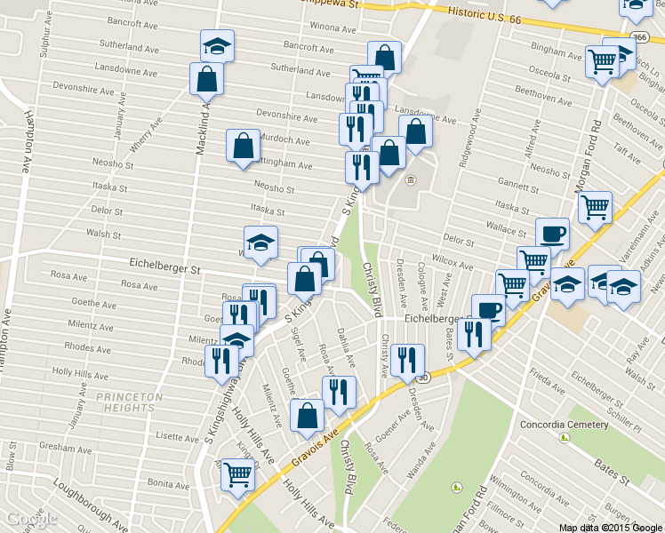 map of restaurants, bars, coffee shops, grocery stores, and more near 5215 Windsor Parkway in St. Louis