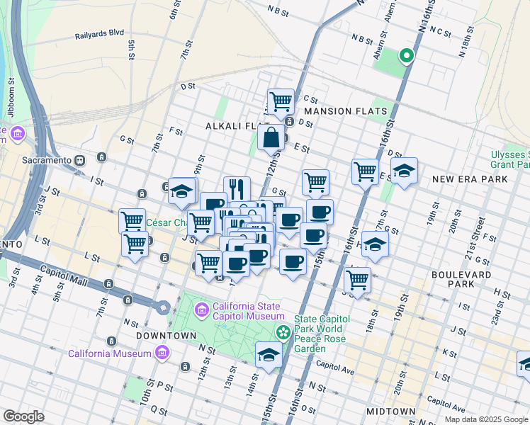 map of restaurants, bars, coffee shops, grocery stores, and more near 1211 H Street in Sacramento