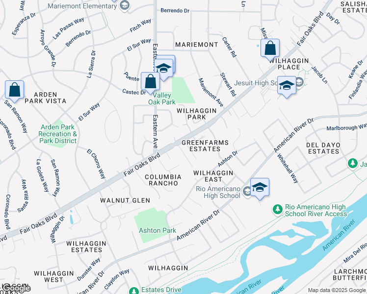 map of restaurants, bars, coffee shops, grocery stores, and more near 4348 Fair Oaks Boulevard in Sacramento