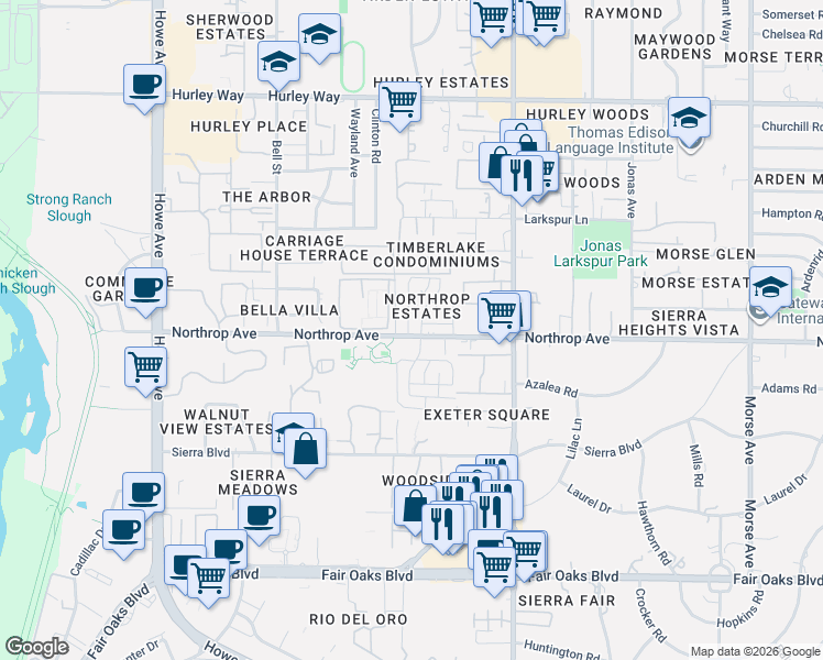 map of restaurants, bars, coffee shops, grocery stores, and more near 901 Carro Drive in Sacramento