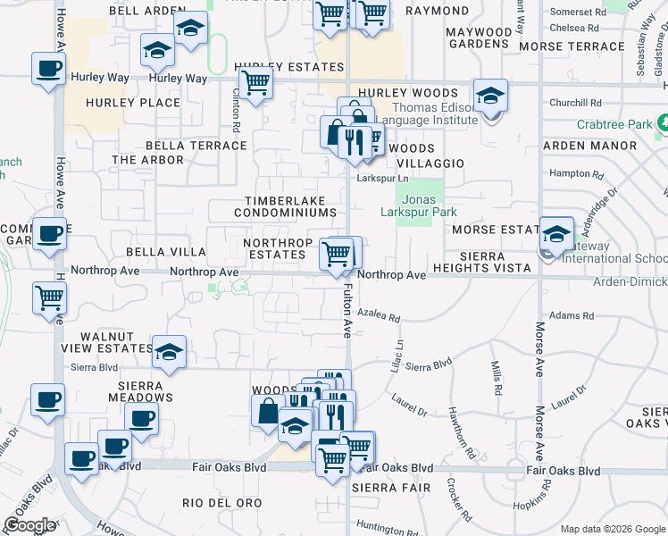 map of restaurants, bars, coffee shops, grocery stores, and more near 901 Fulton Avenue in Sacramento