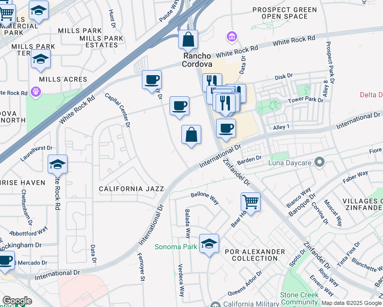 map of restaurants, bars, coffee shops, grocery stores, and more near 10845 International Drive in Rancho Cordova