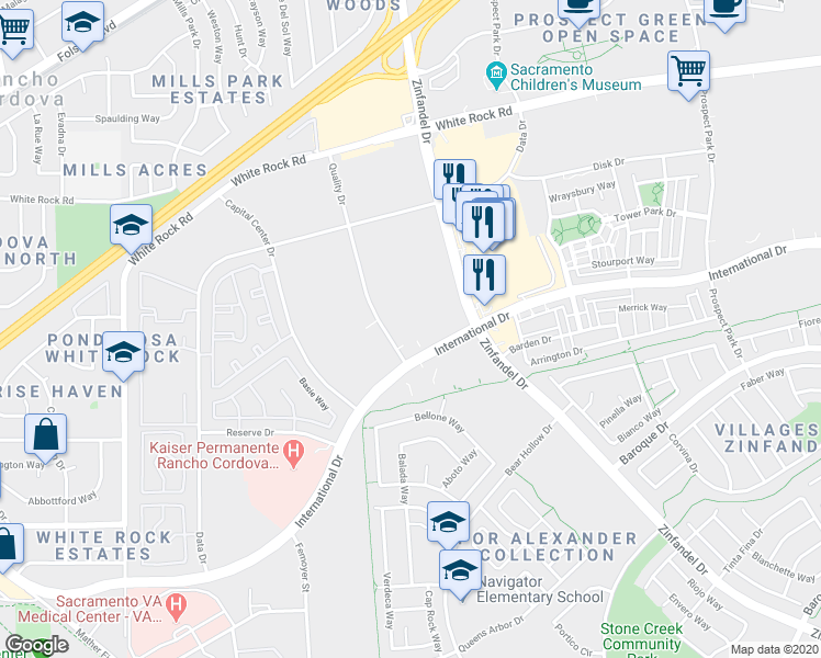 map of restaurants, bars, coffee shops, grocery stores, and more near 10845 International Drive in Rancho Cordova
