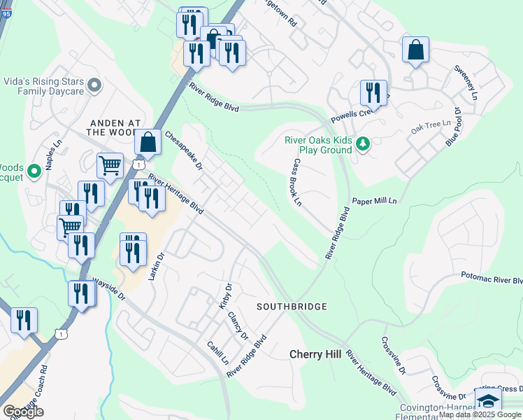 map of restaurants, bars, coffee shops, grocery stores, and more near 17008 Gibson Mill Road in Dumfries