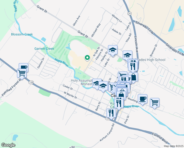 map of restaurants, bars, coffee shops, grocery stores, and more near 1712 Washington Street in Calistoga