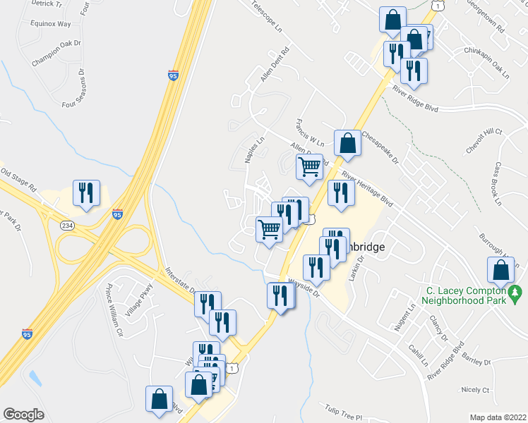 map of restaurants, bars, coffee shops, grocery stores, and more near 3361 Yost Lane in Dumfries