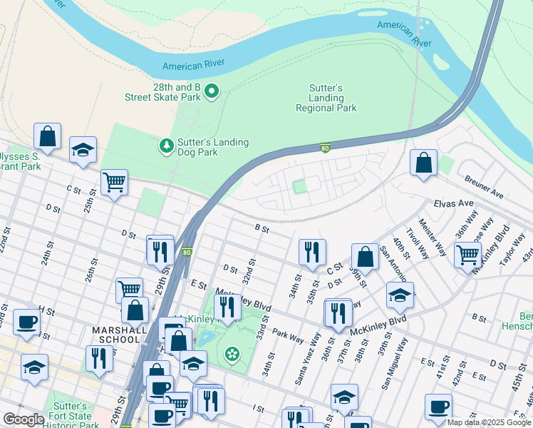 map of restaurants, bars, coffee shops, grocery stores, and more near 3156 Dullanty Way in Sacramento