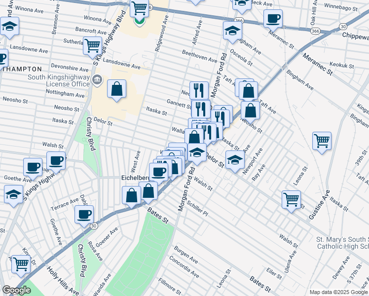 map of restaurants, bars, coffee shops, grocery stores, and more near 4330 Delor Street in St. Louis