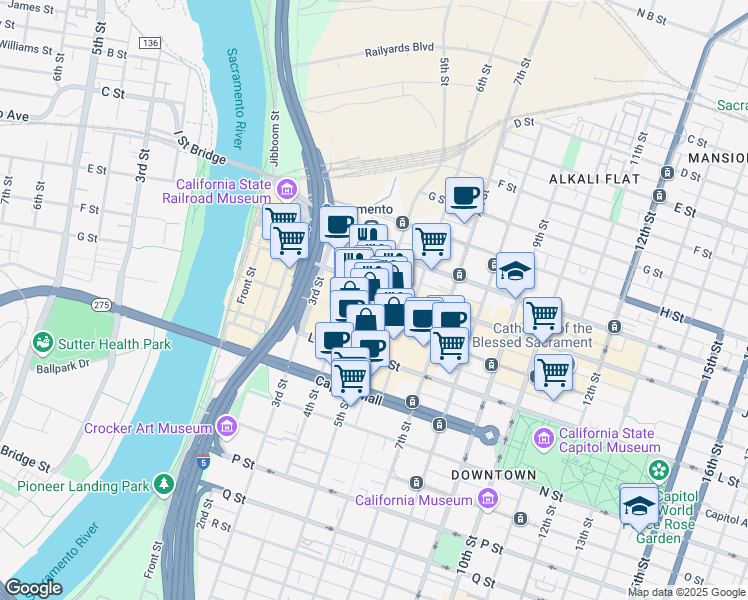 map of restaurants, bars, coffee shops, grocery stores, and more near 1024 5th Street in Sacramento