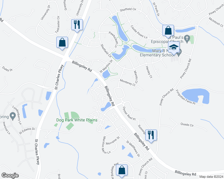 map of restaurants, bars, coffee shops, grocery stores, and more near 4839 Olympia Place in Waldorf