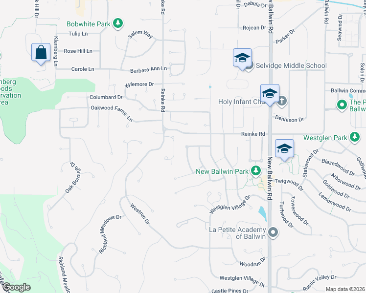 map of restaurants, bars, coffee shops, grocery stores, and more near 247 Village Meadow Drive in Ballwin
