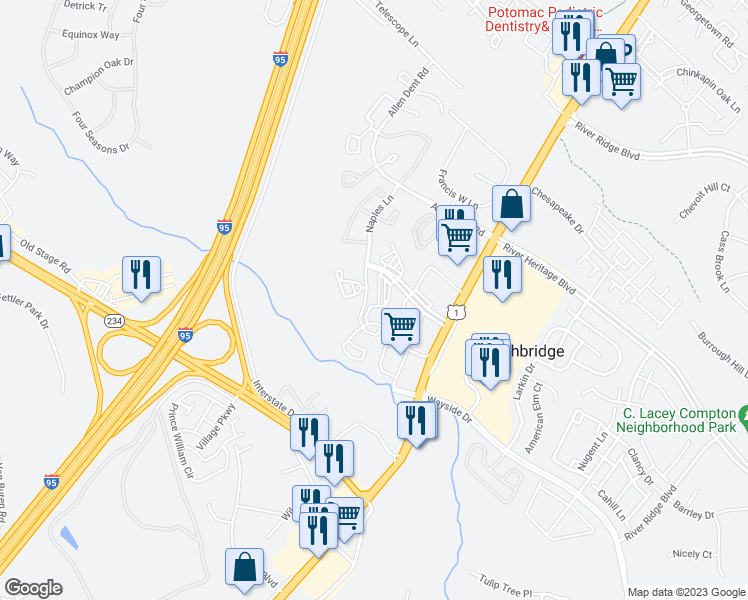 map of restaurants, bars, coffee shops, grocery stores, and more near 17060 Capri Lane in Dumfries