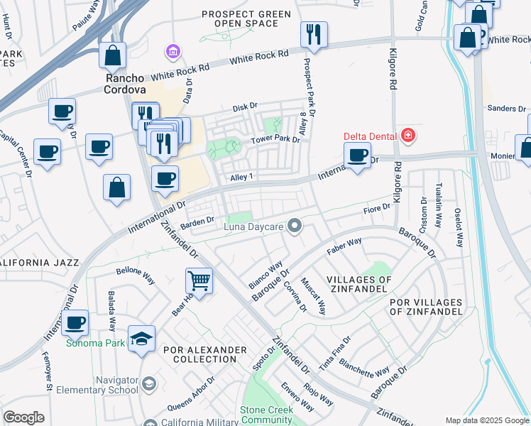map of restaurants, bars, coffee shops, grocery stores, and more near 10916 Arrington Drive in Rancho Cordova