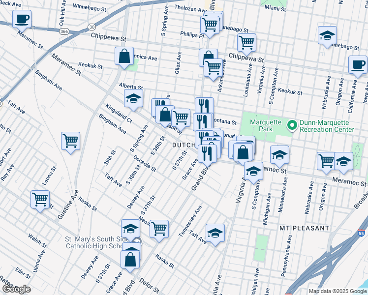 map of restaurants, bars, coffee shops, grocery stores, and more near 3706 Meramec Street in St. Louis