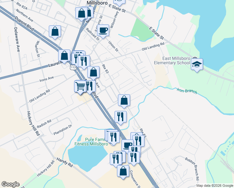 map of restaurants, bars, coffee shops, grocery stores, and more near 400 Mitchell Street in Millsboro